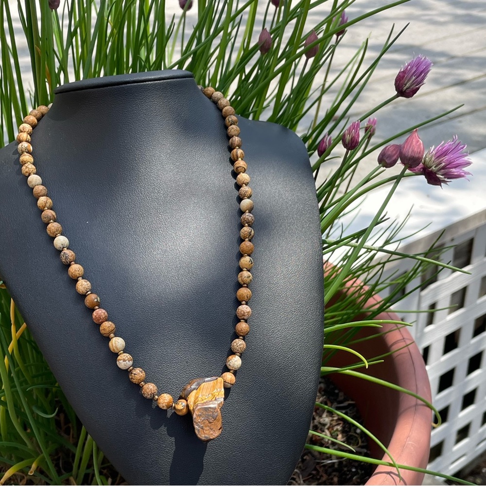 Tiger Eye Freeform Pendant Beaded Necklace